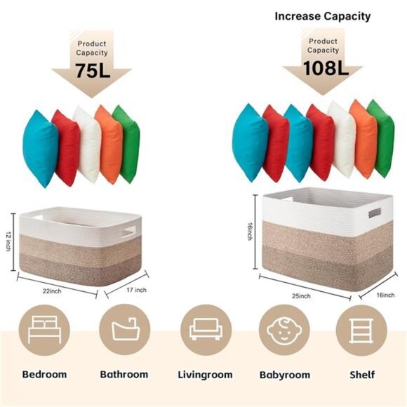 Large Blanket Basket, Rectangle Woven Baskets for Storage,Nursery Blanket Basket - Picture 3 of 7